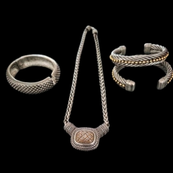 Jewelry - 📣 Vintage Set Cable Cut Bold Silver/Gold Tone Cuff 1 Necklace & Bracelets x3 😍